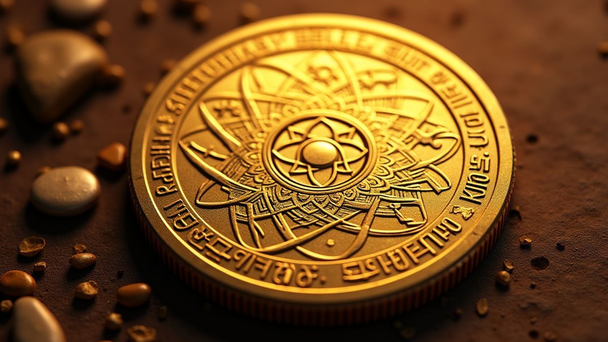 Una moneda dorada con grabados asiáticos y símbolos místicos.
