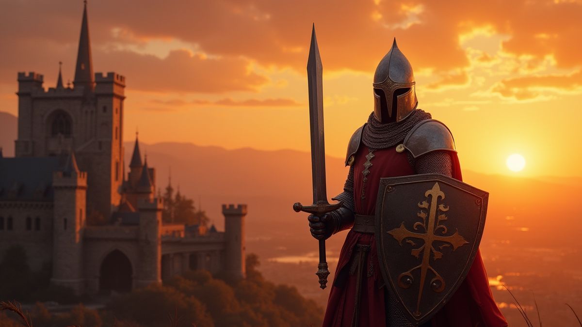 Caballero medieval con escudo y espada junto a un castillo al atardecer.