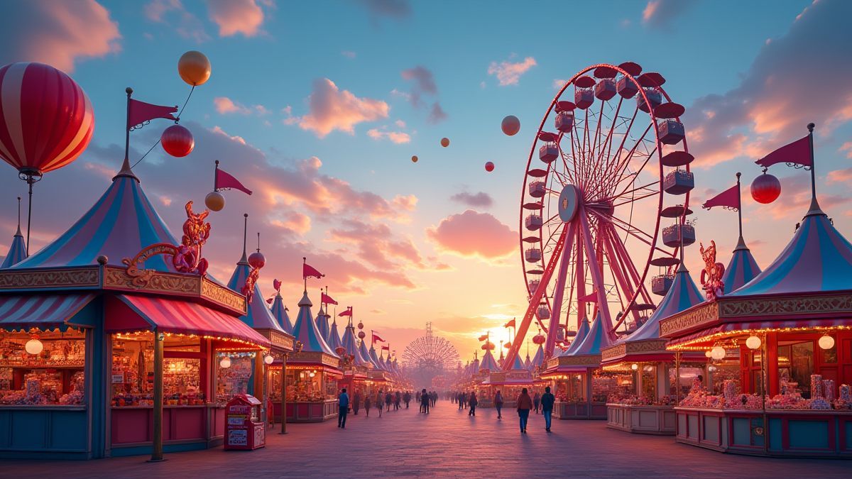 Un animado carnaval con globos y una noria al atardecer.
