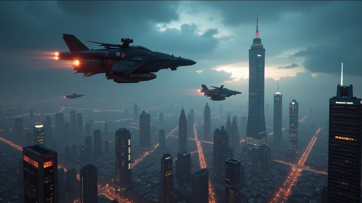 Mega City One vista de cima com veículos voadores.