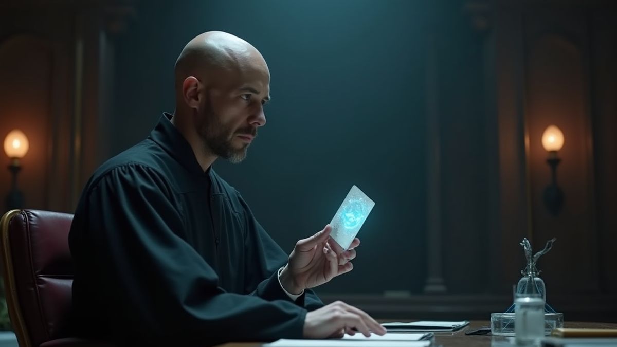 Juiz segurando uma carta brilhante em uma sala escura.