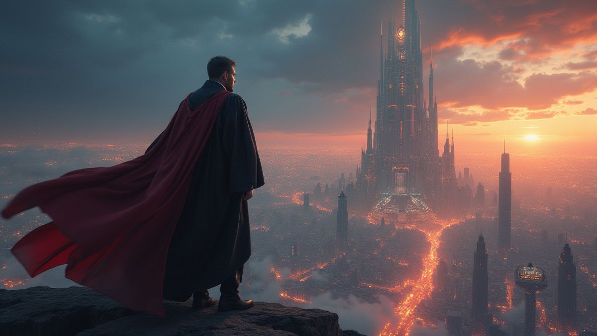 Juiz heroico em uma torre futurista.