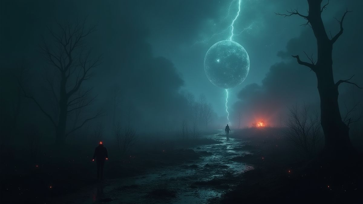 Campo de batalla oscuro con símbolos brillantes y sombras misteriosas.