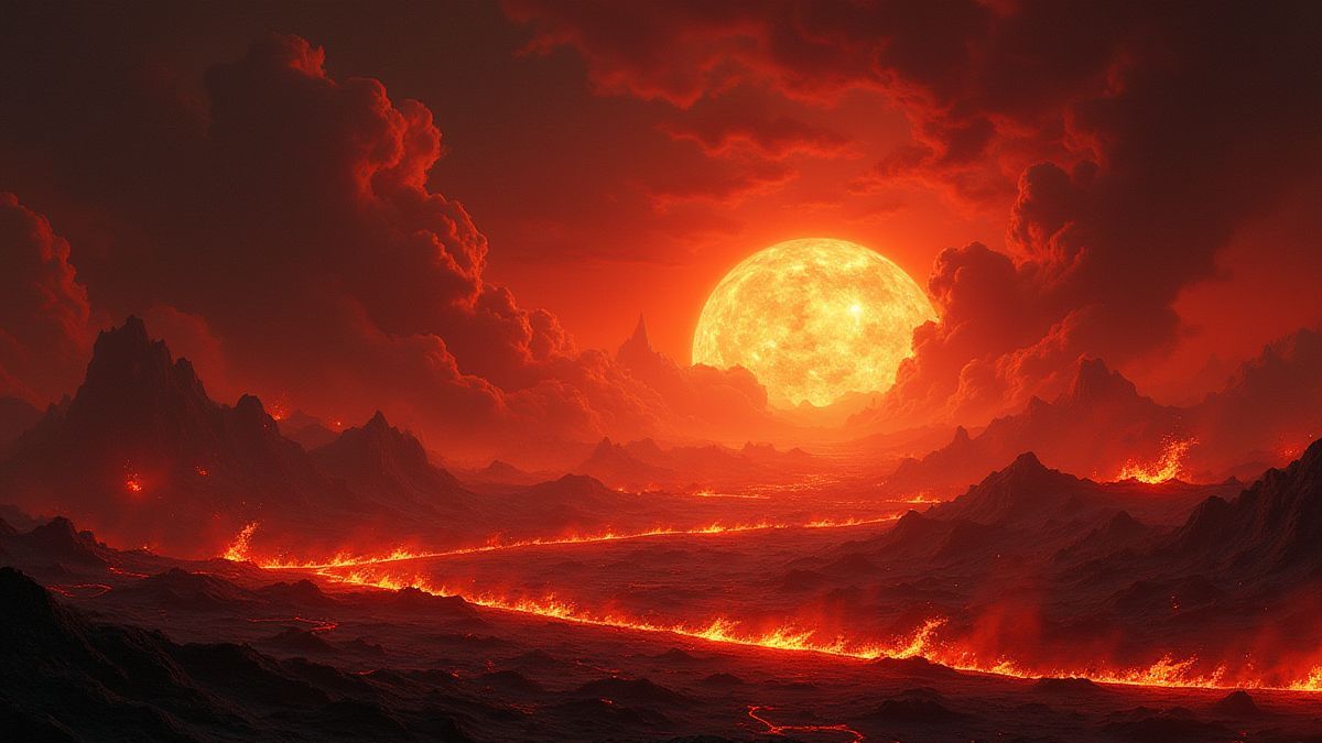 Paisaje ardiente con símbolos brillantes y cielo ominoso.