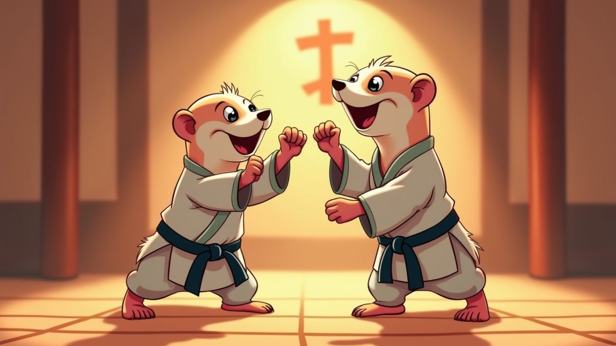 Comic-style ferrets practicing judo in a dojo
