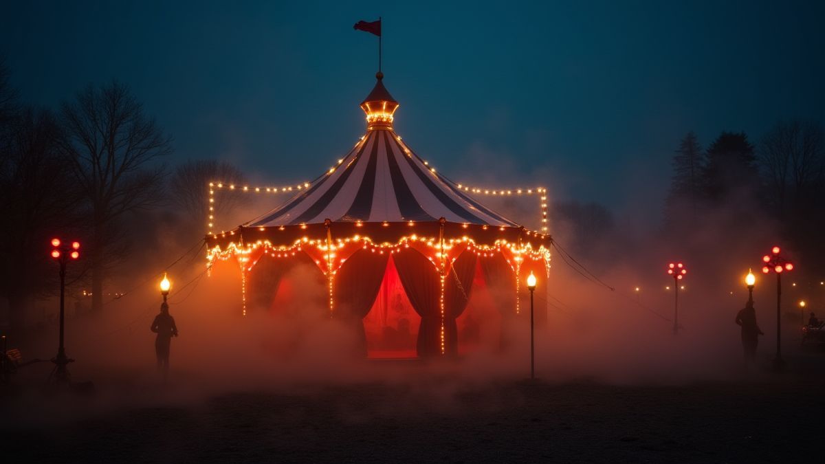 Carpa de circo iluminada con niebla y accesorios de malabares