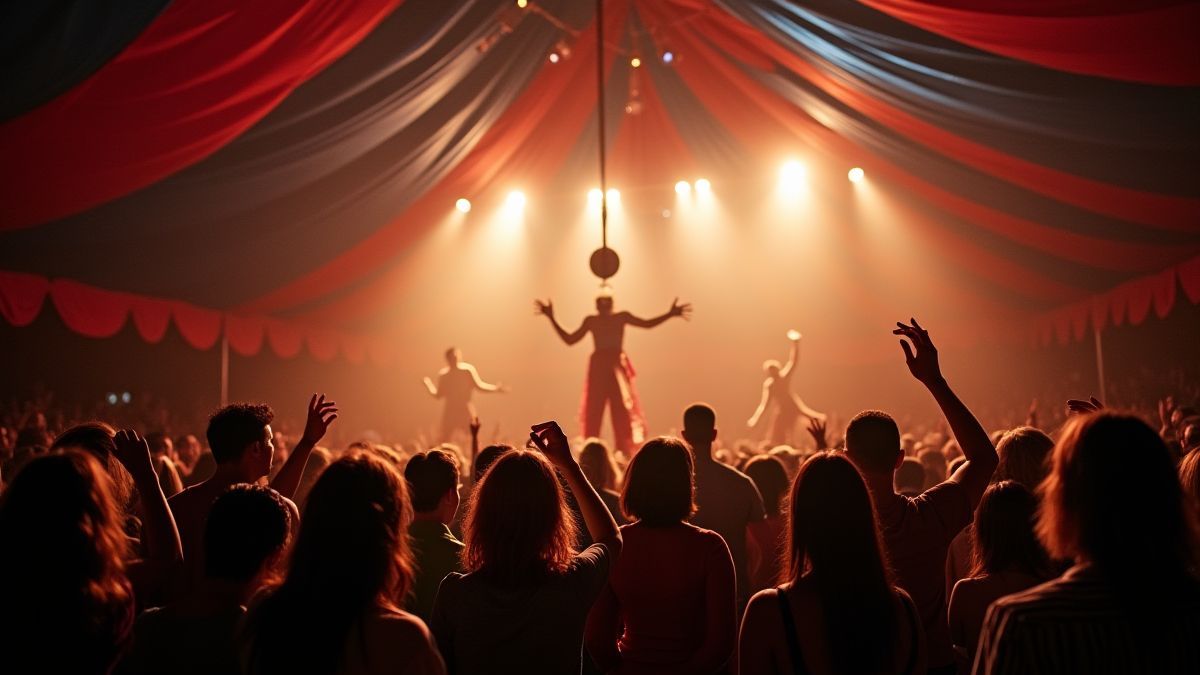 Espectadores animando en un circo iluminado