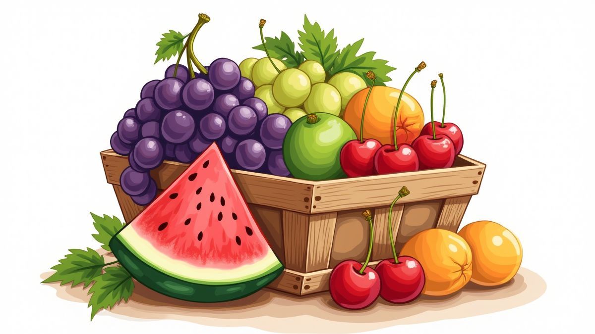 Caisse de fruits avec des raisins, des cerises et des tranches de pastèque.