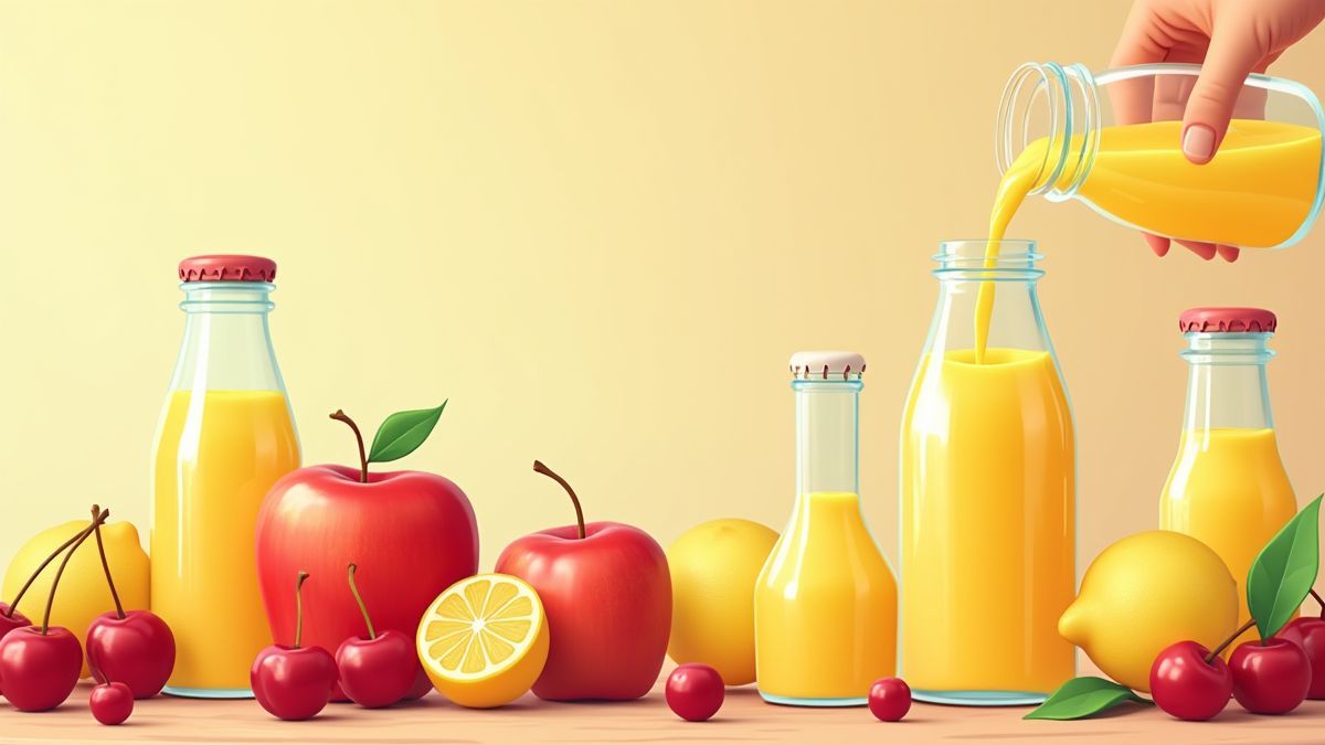 Frutas frescas sendo exprimidas em garrafas animadas.