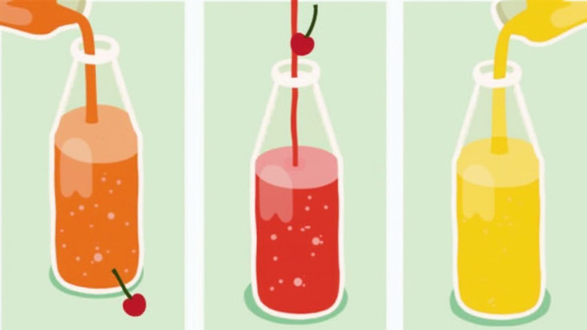 Garrafas de suco de maçã, cereja e limão animadas sendo preenchidas.