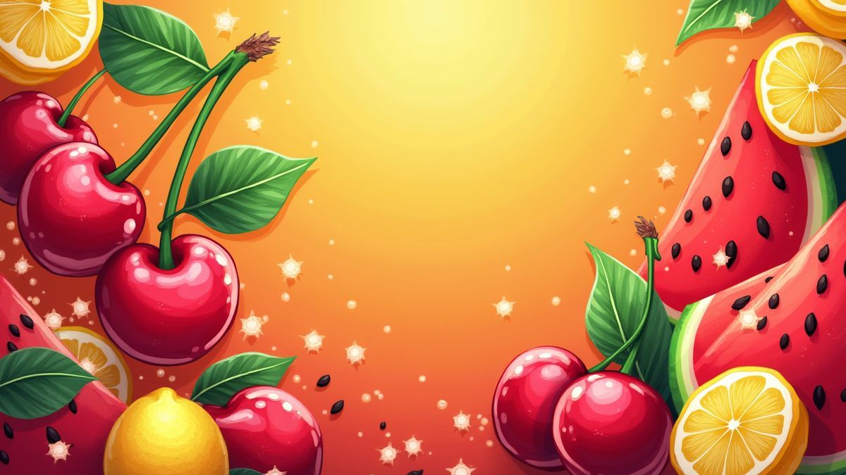 Ilustración vibrante de frutas como cerezas, limones y sandías.