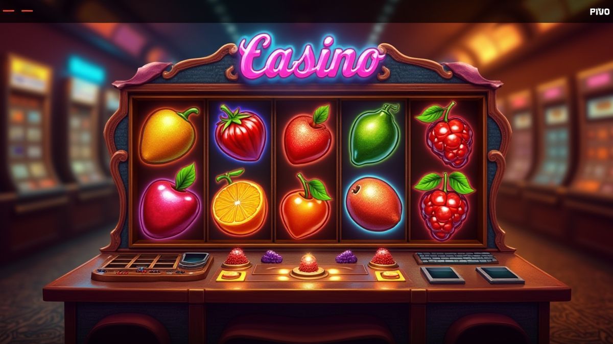 Entorno retro de casino con símbolos clásicos de frutas.