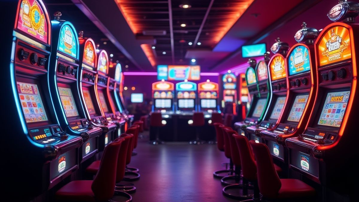Retro slot machines with vibrant casino lights.