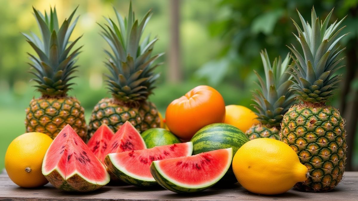 Fresh tropical fruits on a wooden table