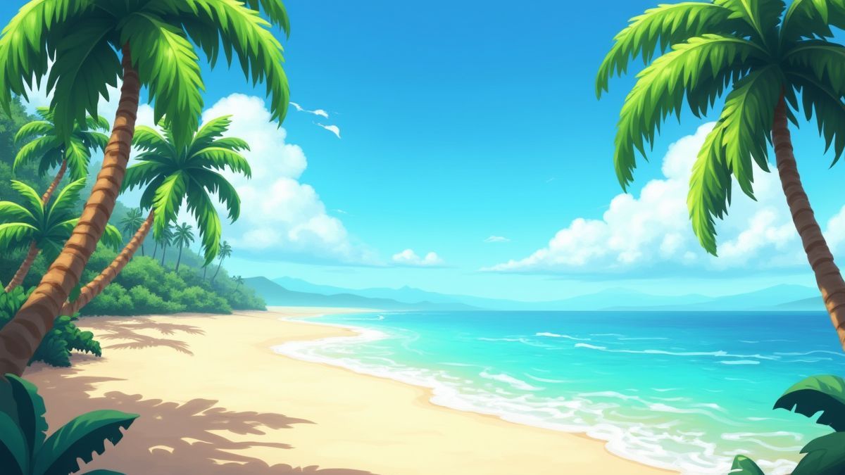 Tropical beach with fruit trees and clear sky