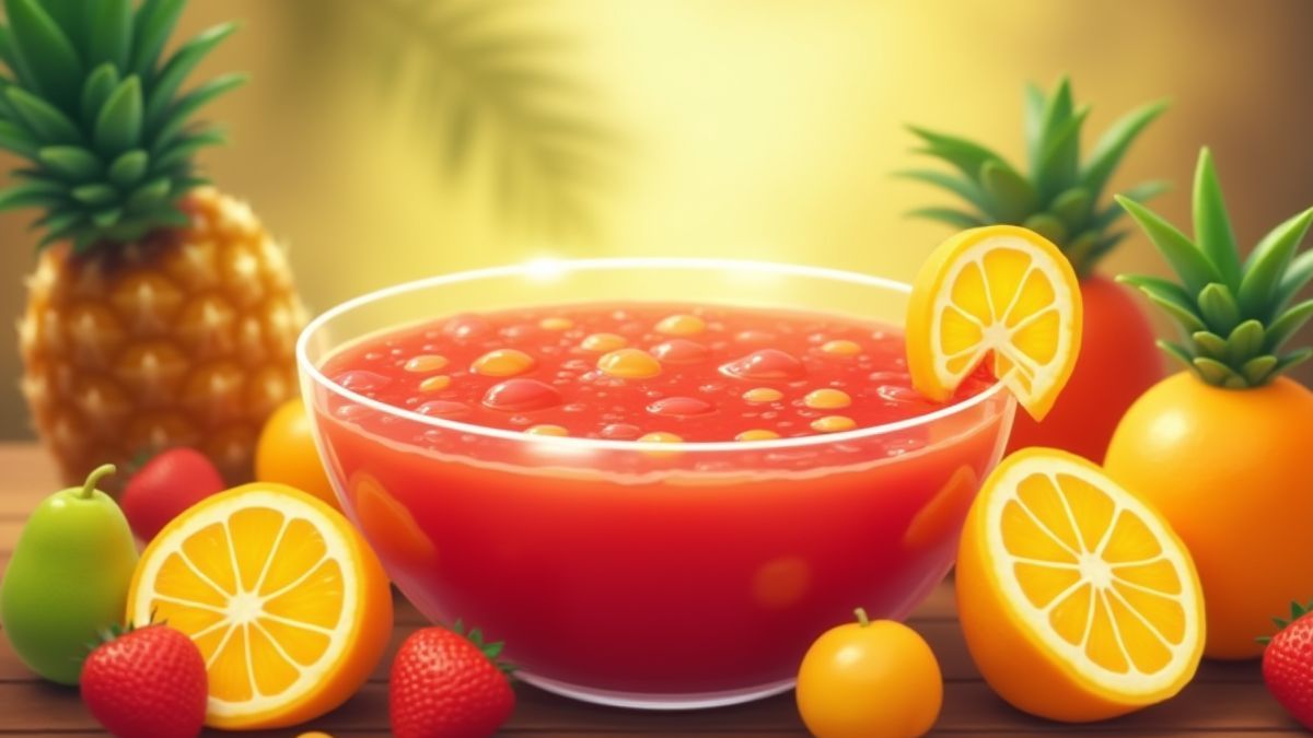 Animierte Schüssel mit Punch, umgeben von tropischen Früchten.