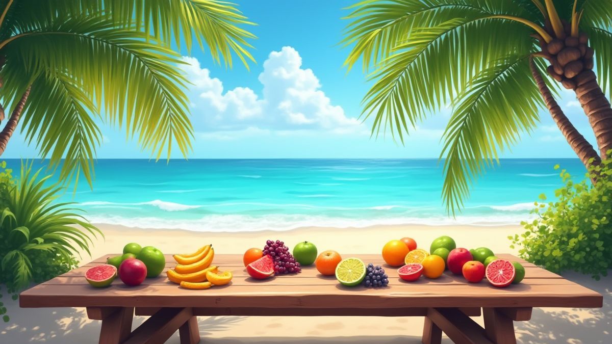 Tropischer Strand mit bunten Früchten auf einem Picknicktisch.