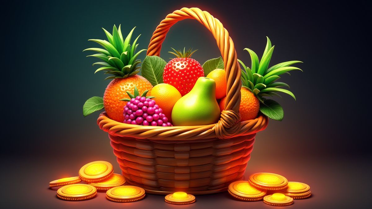 Tropische mand met fruit en gouden munten.