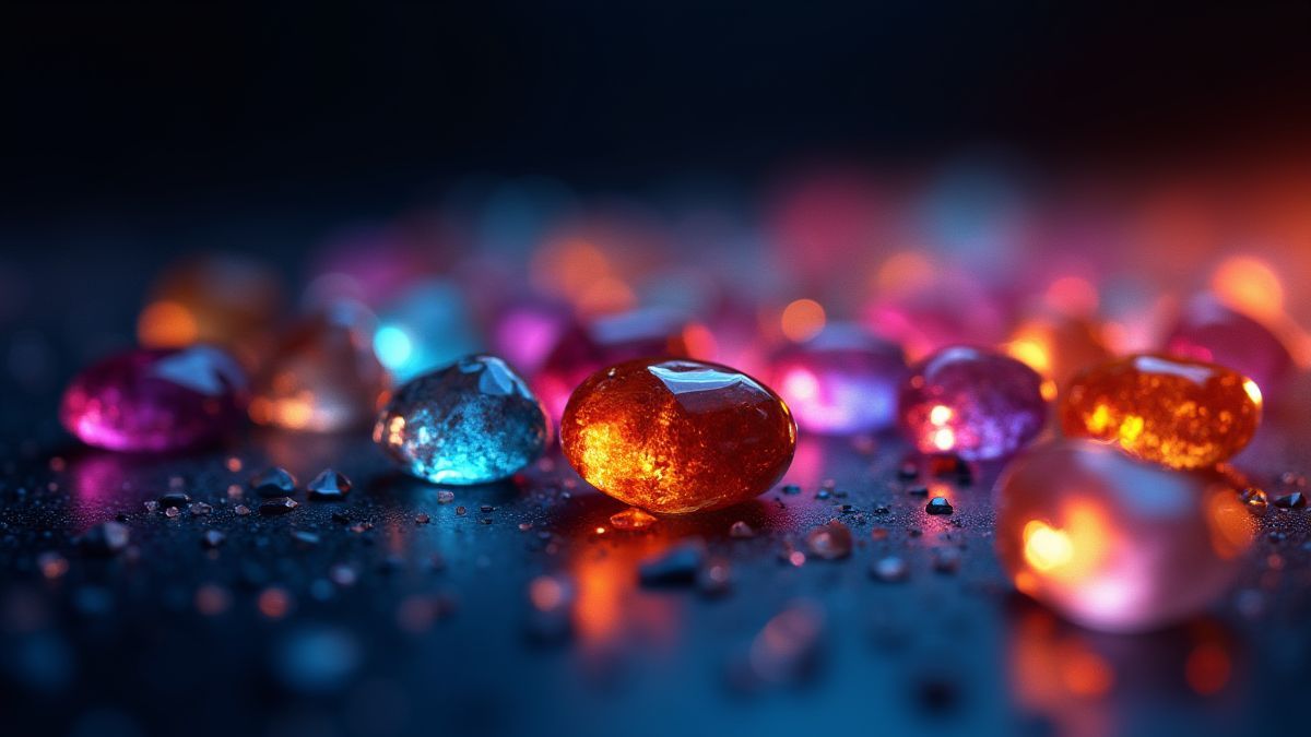 Vibrant gekleurde edelstenen op een stralende donkere achtergrond.