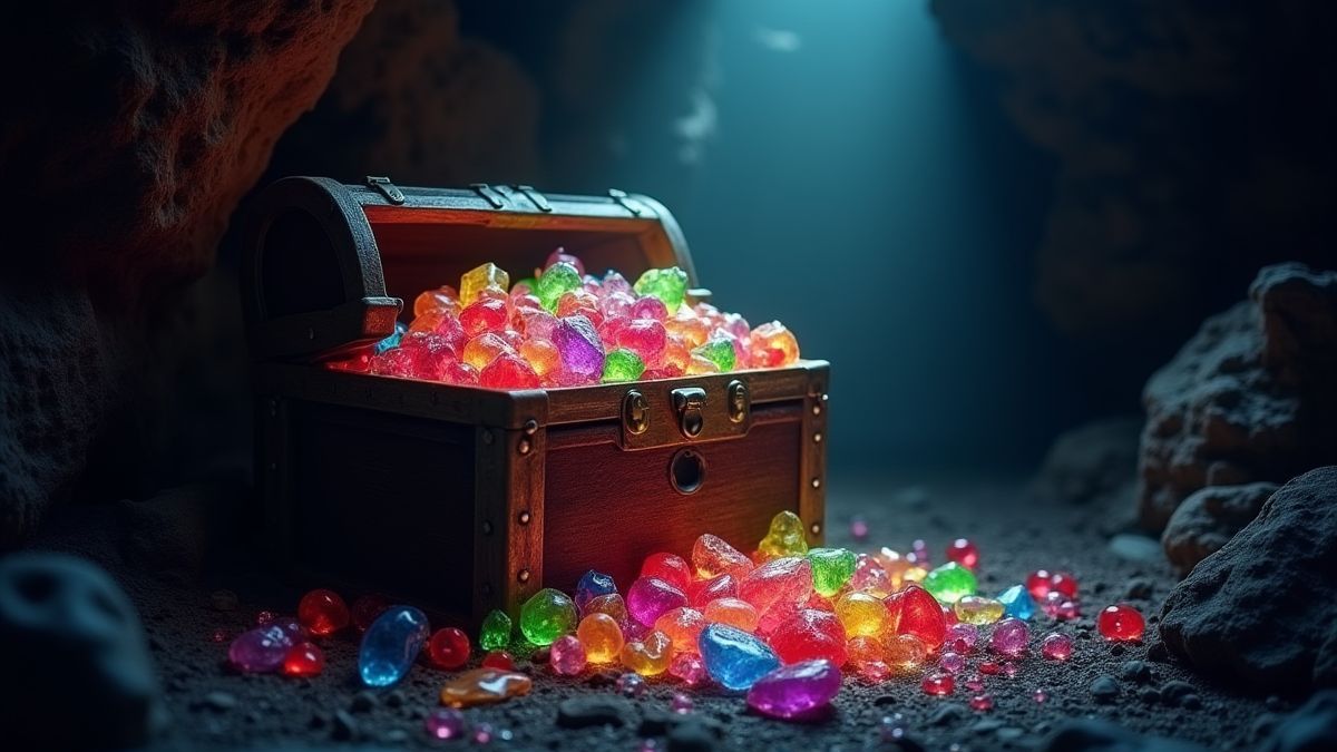 Een schatkist vol juwelen onder een spotlight in een donkere grot.