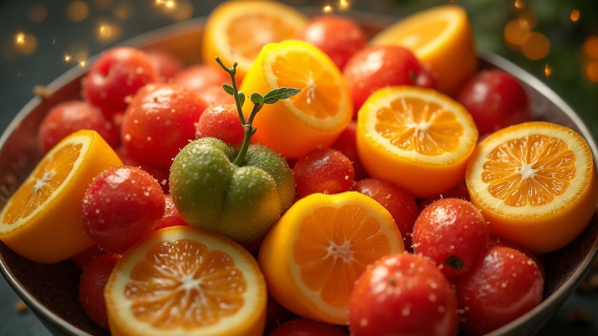 Colorful fruits in a shiny bowl.