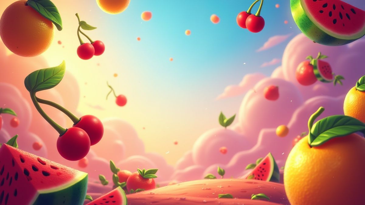Animated arcade-style background with floating fruits.