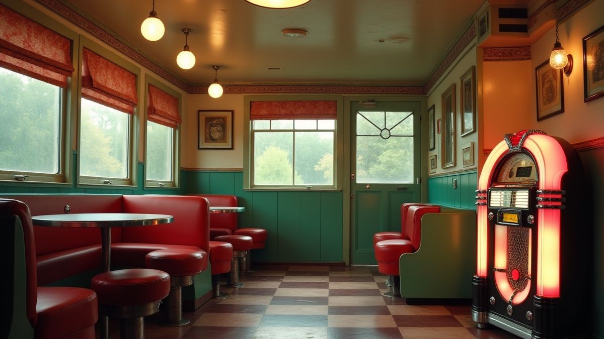 Innenansicht eines Diners im Stil der 50er Jahre mit einer Jukebox, die Musik spielt.