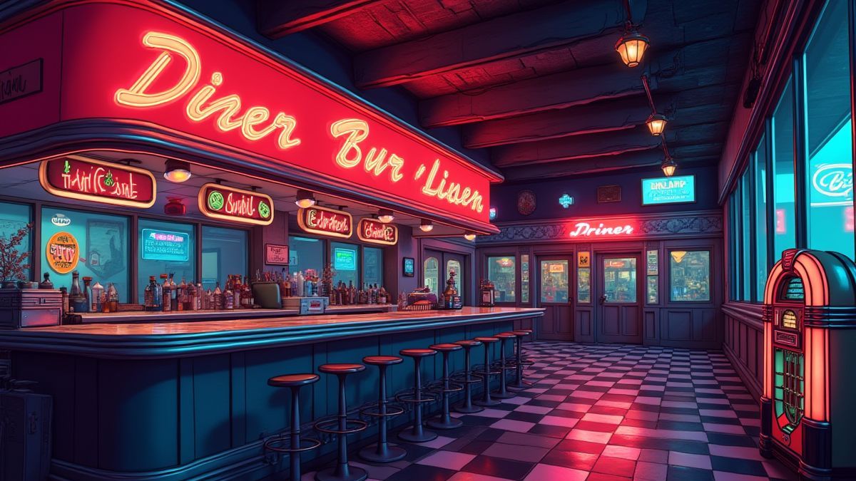 Retro diner with neon lights and jukeboxes.