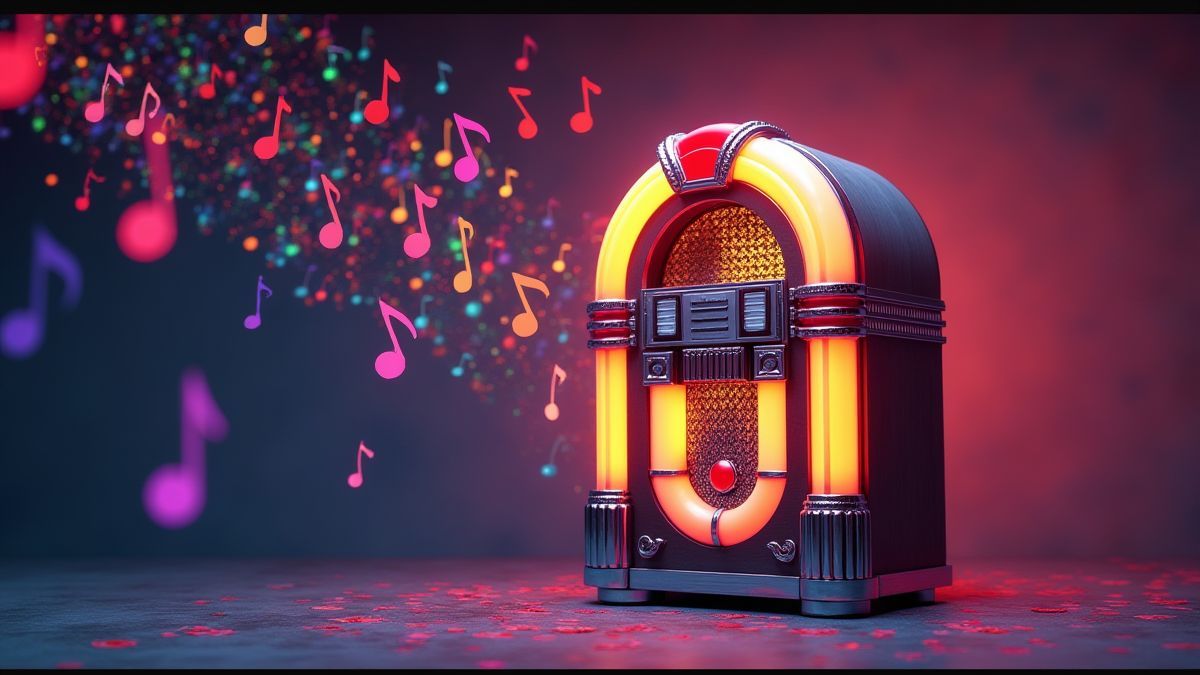 A jukebox playing music with notes floating around.