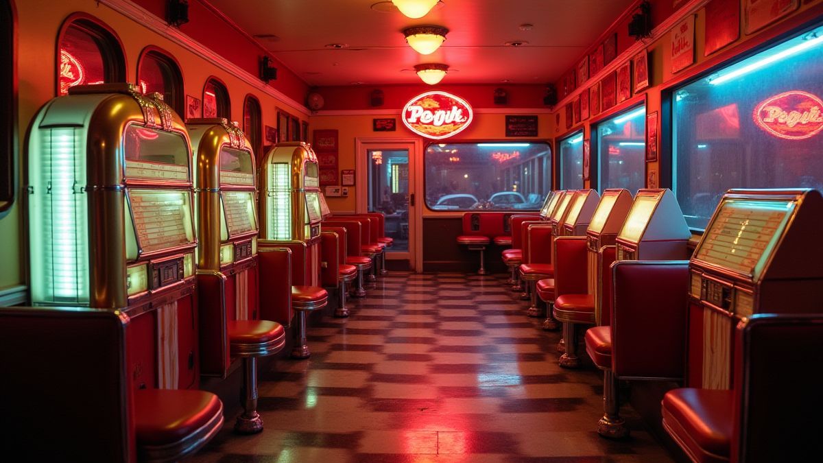 Interior de um diner dos anos 50 com jukeboxes e luzes néon.