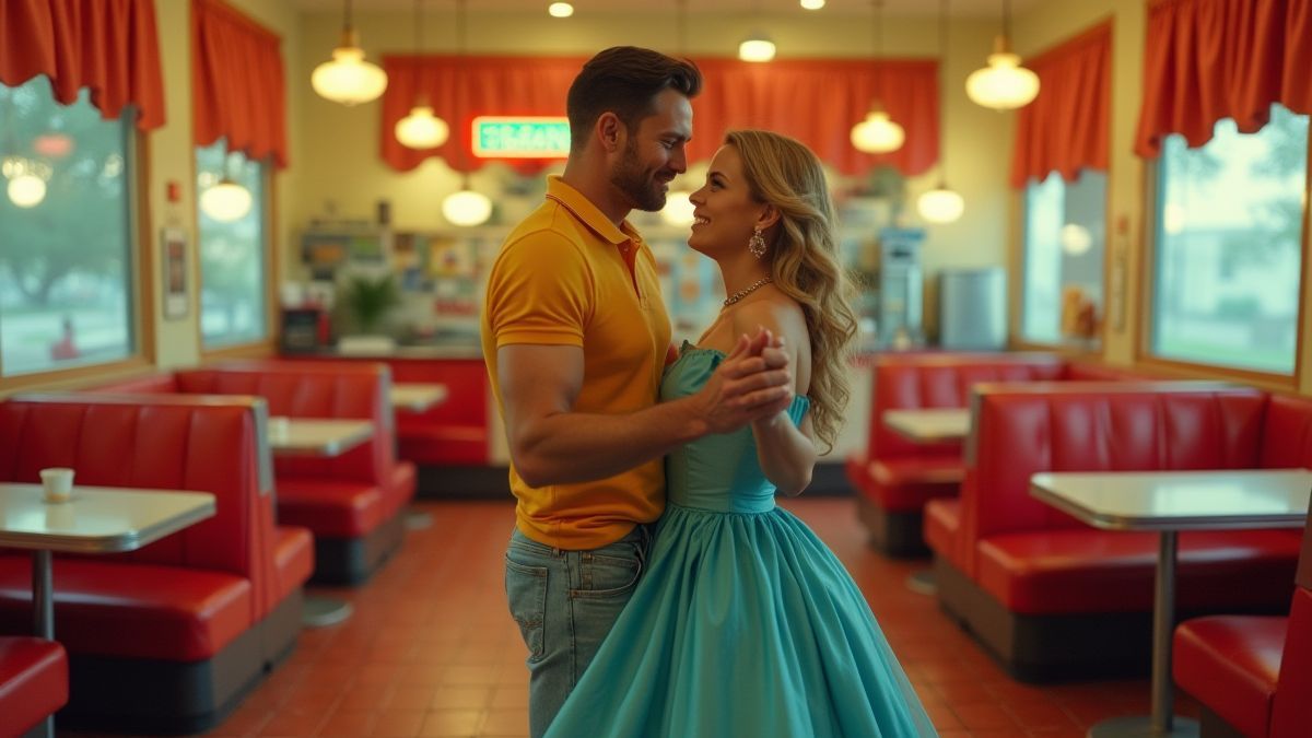 Casais dançando em um diner dos anos 50 com roupas coloridas.