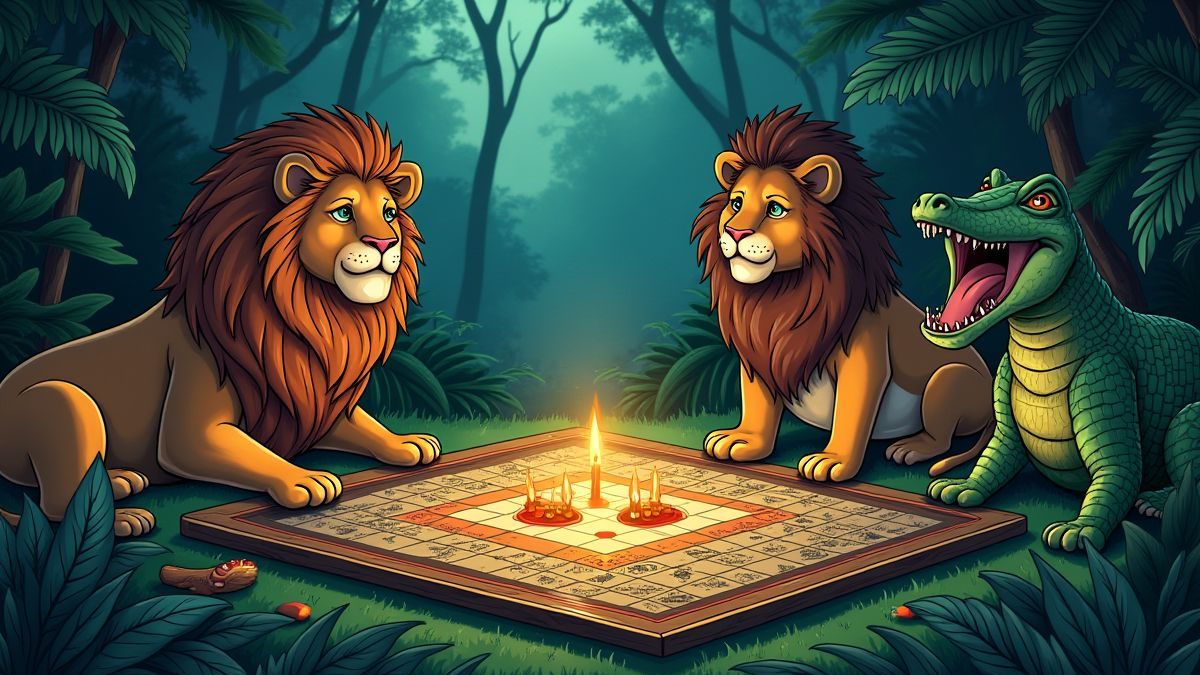 Jungle dieren die een magisch bordspel omringen.