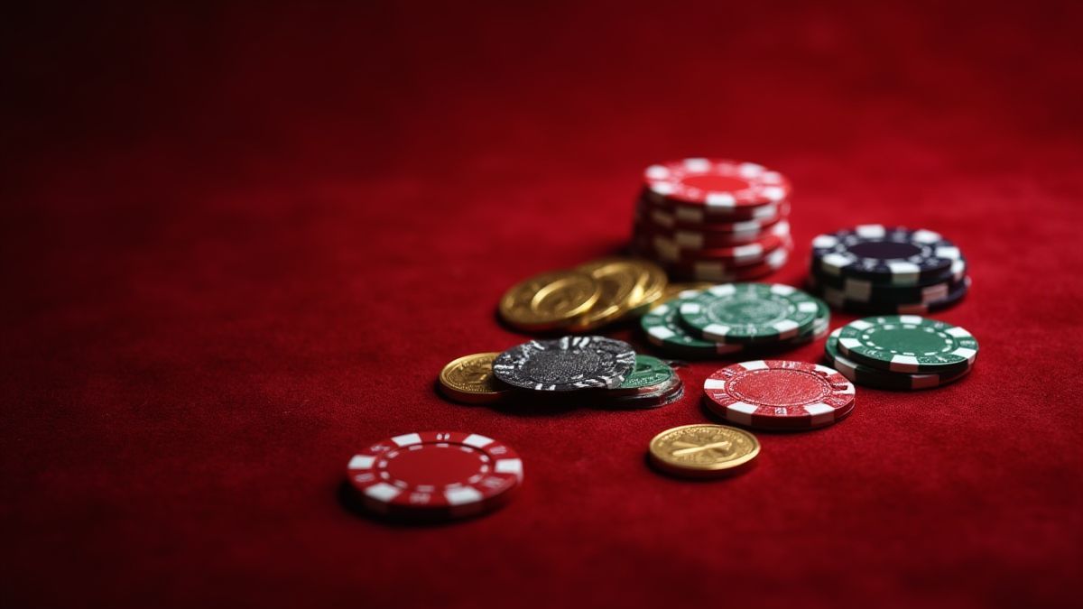 Casino chips and coins on a velvet table.