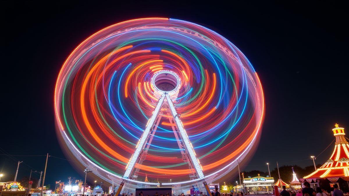 A carnival wheel spinning with bright lights and colorful designs.