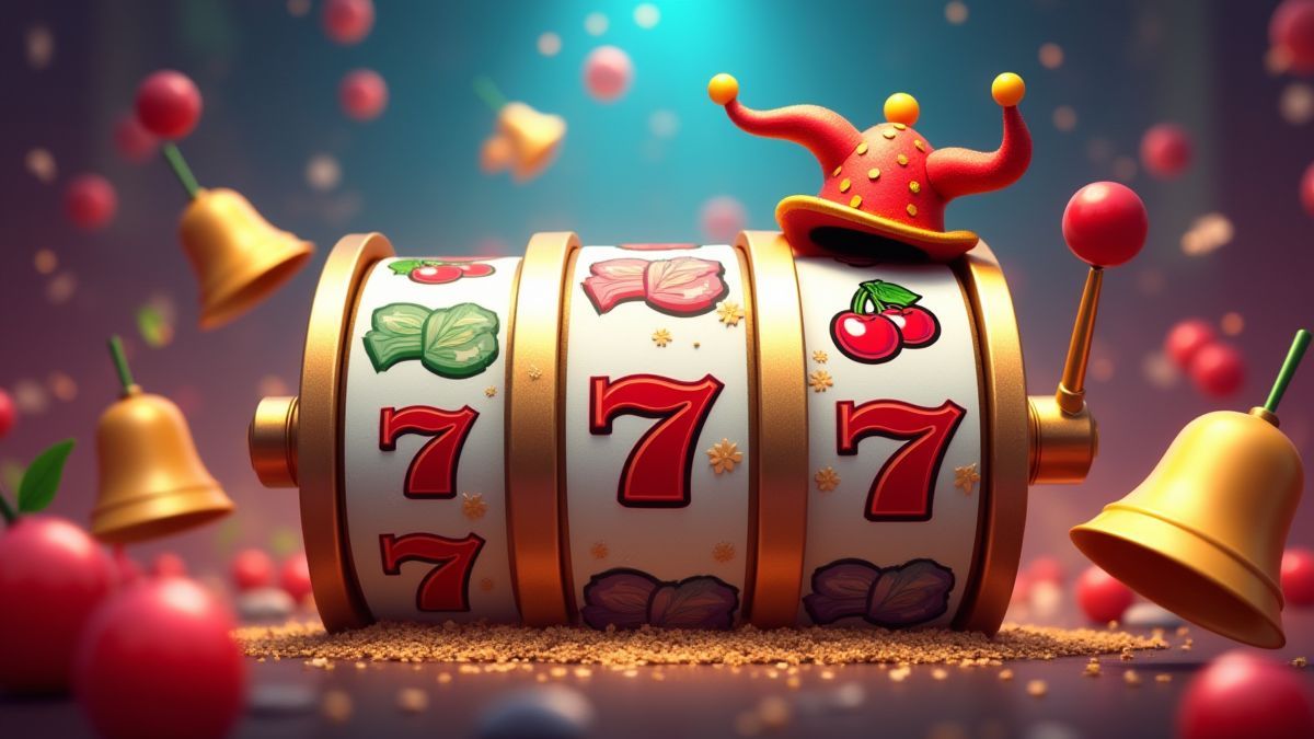 Símbolos clásicos del slot como cerezas, campanas y un sombrero de joker.