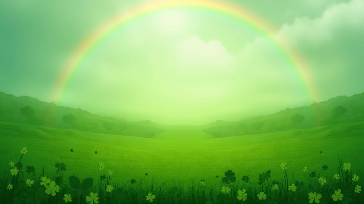 Groen Iers veld met klavertjes en een regenboog in de verte.