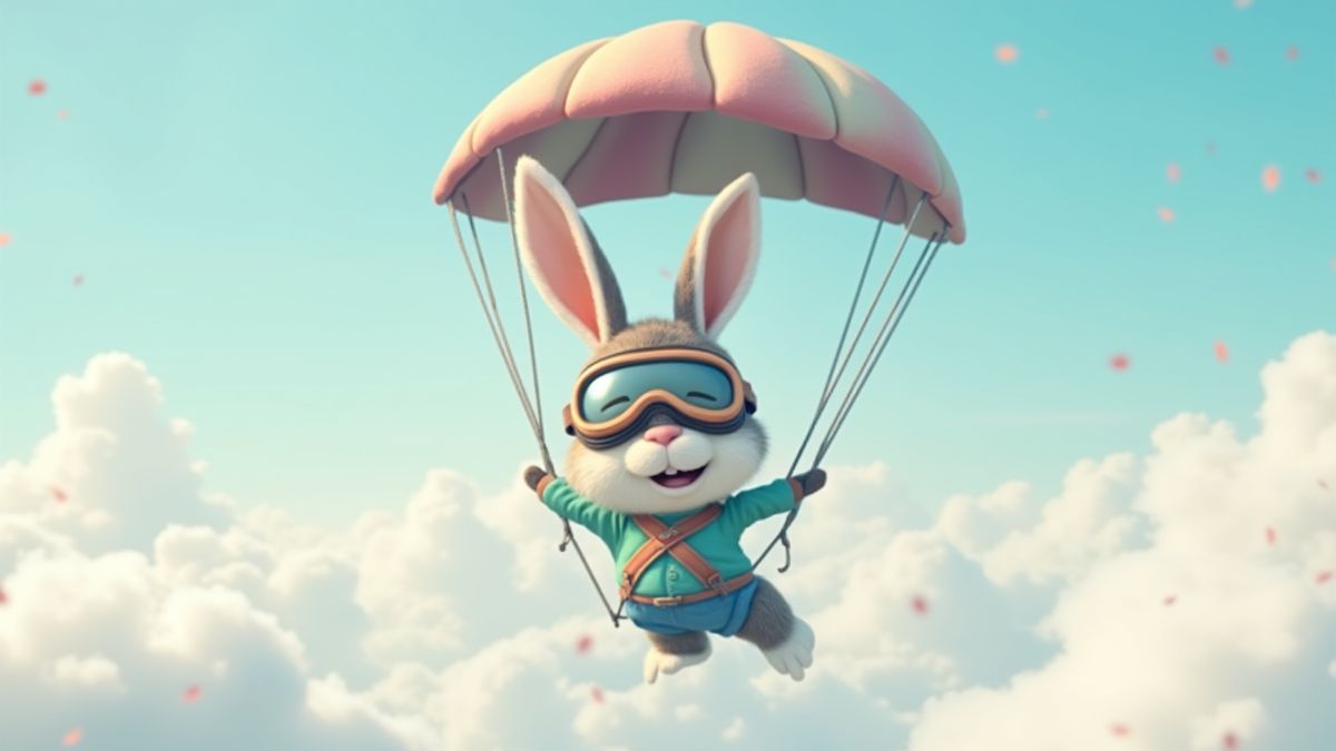 A cartoon rabbit with goggles and parachutes surrounded by clouds.