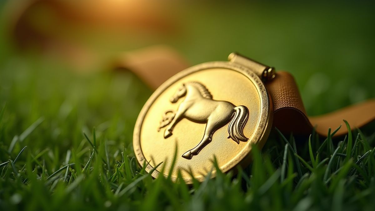 Helle goldene Medaille auf Gras mit eingravierter Pferdesilhouette.