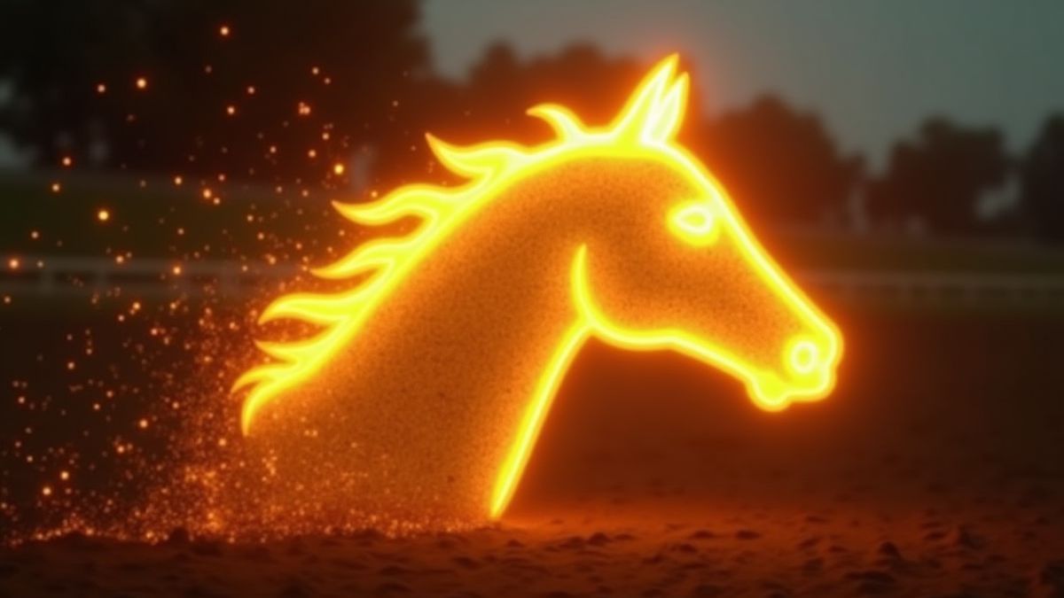 Goldener Pferdekopf leuchtet hell vor Hintergrund einer Rennbahn.