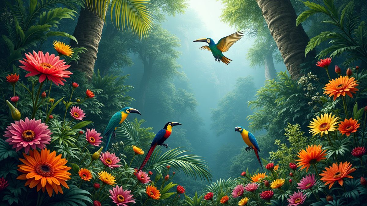 Una jungla exótica con flores coloridas y fauna variada.