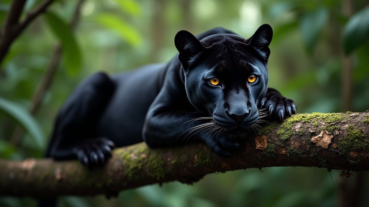 Un majestuoso Jaguar negro descansando en una rama rodeado de vegetación.