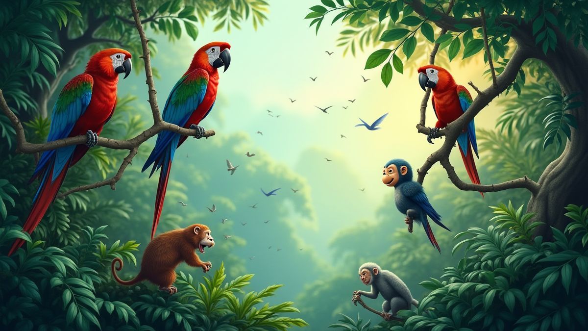 Uma selva vibrante com loros voando e macacos balançando.