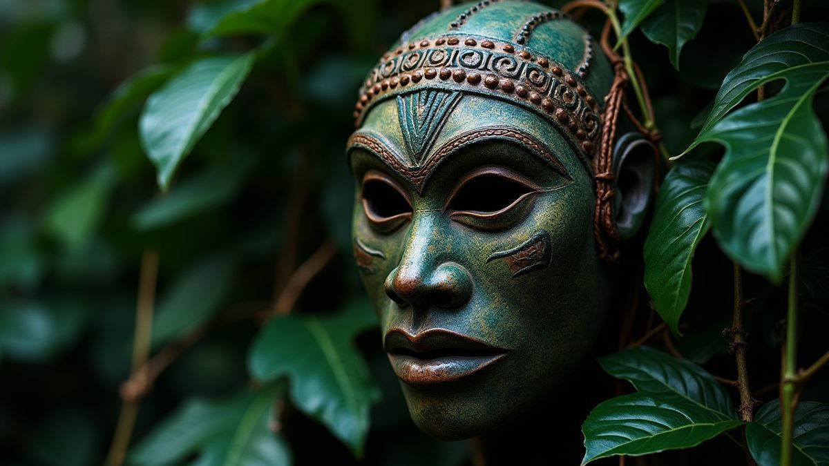 Uma máscara tribal rodeada de folhas e lianas de selva.