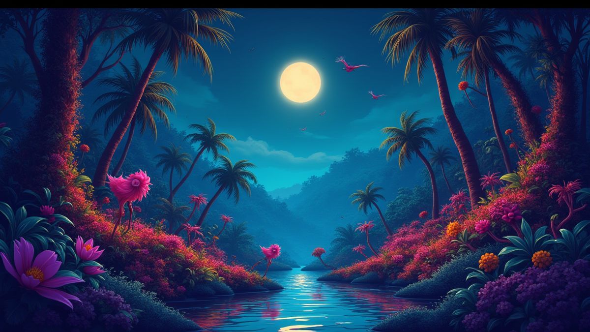 Uma selva vibrante com animais exóticos e plantas luminosas