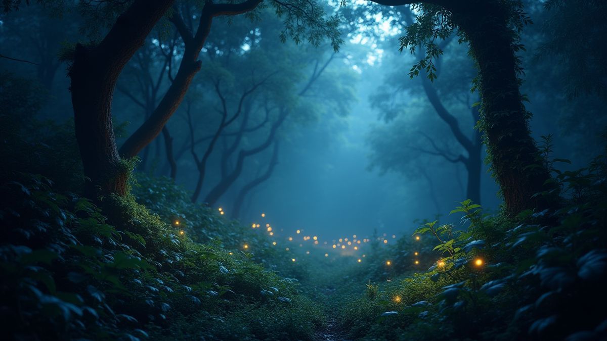 Uma selva mística ao anoitecer com vagalumes luminosos e folhagem densa