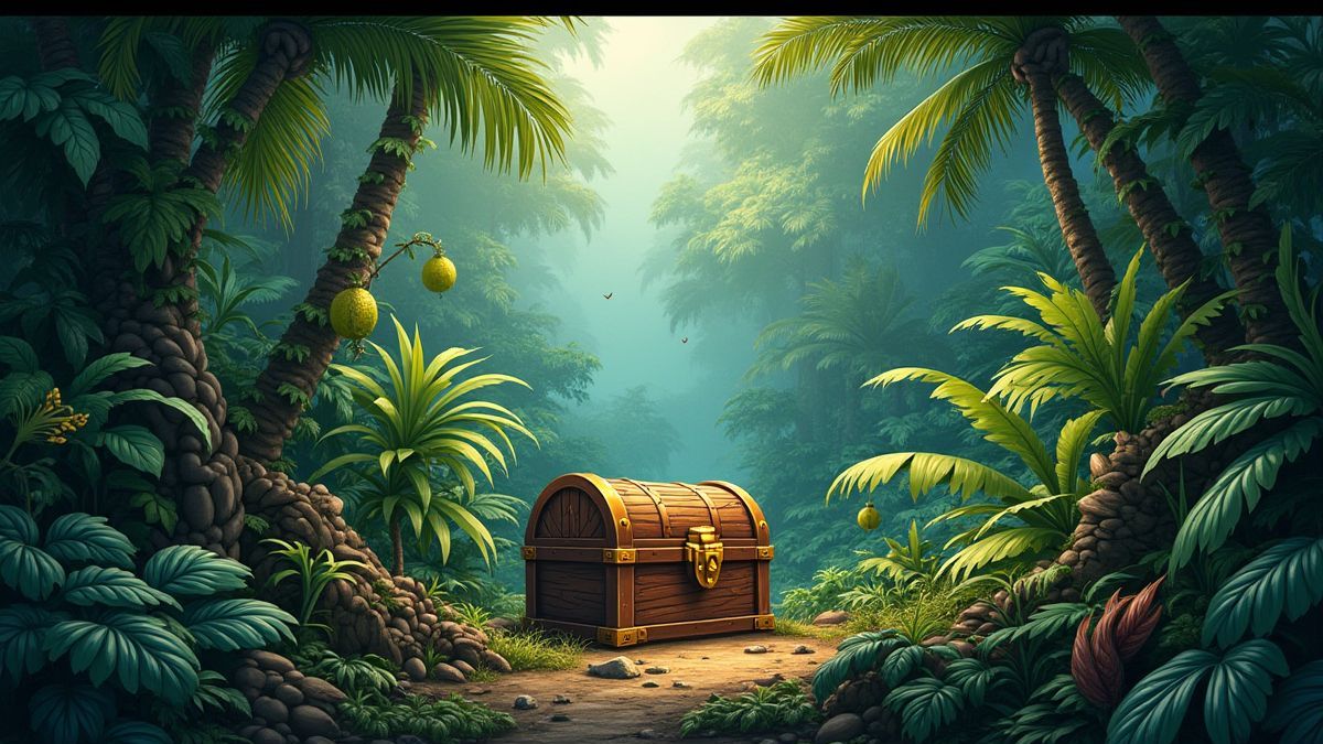 Cofre de tesoro rodeado de vegetación tropical y animales salvajes.
