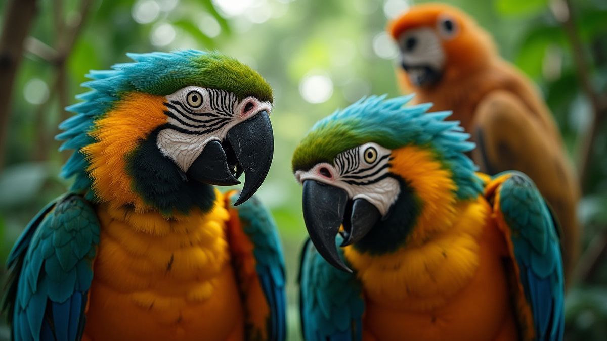 Animales de la jungla como loros y monos en un entorno tropical.