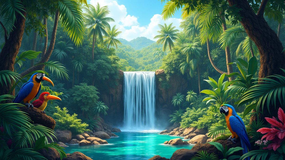Uma selva tropical com cascata e animais como papagaios e macacos.