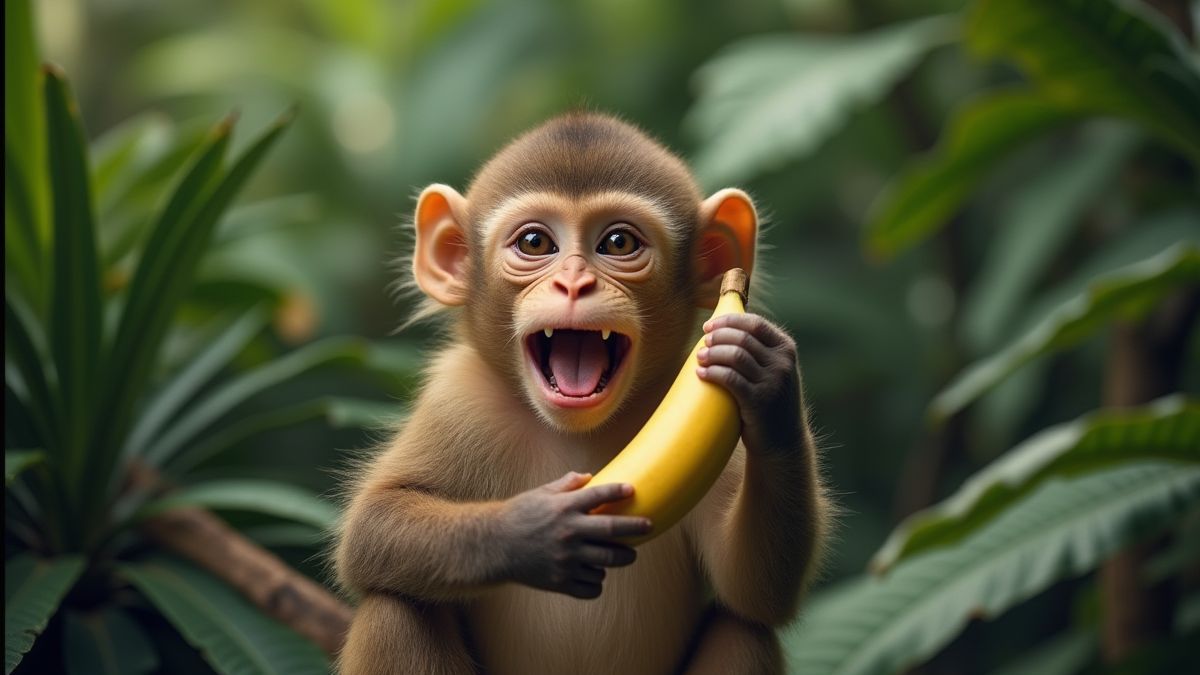 Um macaco brincalhão com uma banana em um ambiente de selva.