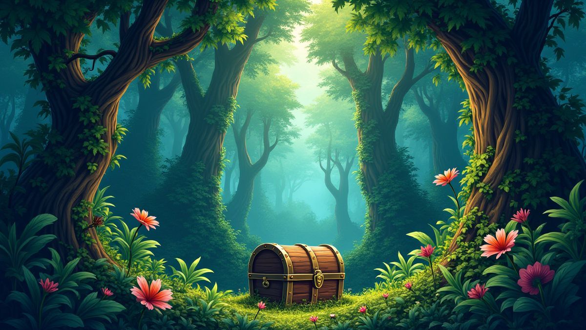 Un paysage selvático con árboles altos, flores tropicales y un cofre del tesoro oculto entre las enredaderas.